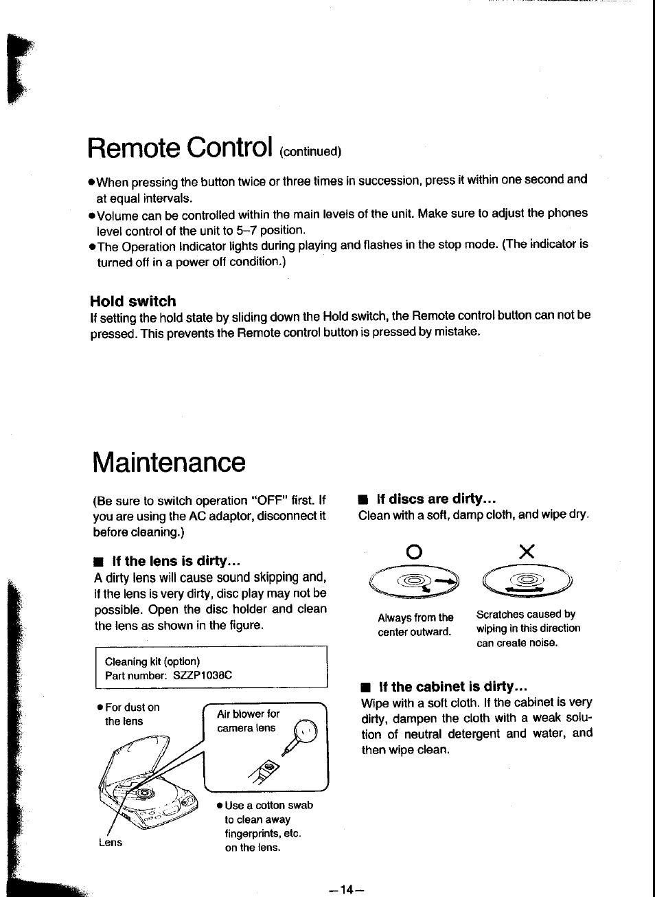 Hold switch, M if the lens is dirty, If discs are dirty | If the cabinet is dirty, Maintenance, Remote control | Panasonic SL-XP300 User Manual | Page 14 / 17