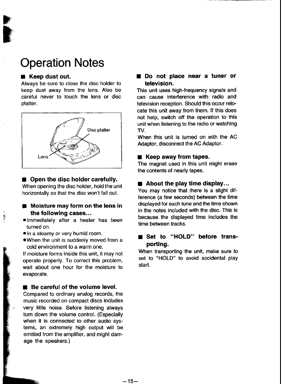 Keep dust out, Open the disc holder carefully, Be careful of the volume level | Do not place near a tuner or television, M keep away from tapes, About the play time display, Set to “hold” before transporting | Panasonic SL-XP300 User Manual | Page 15 / 17