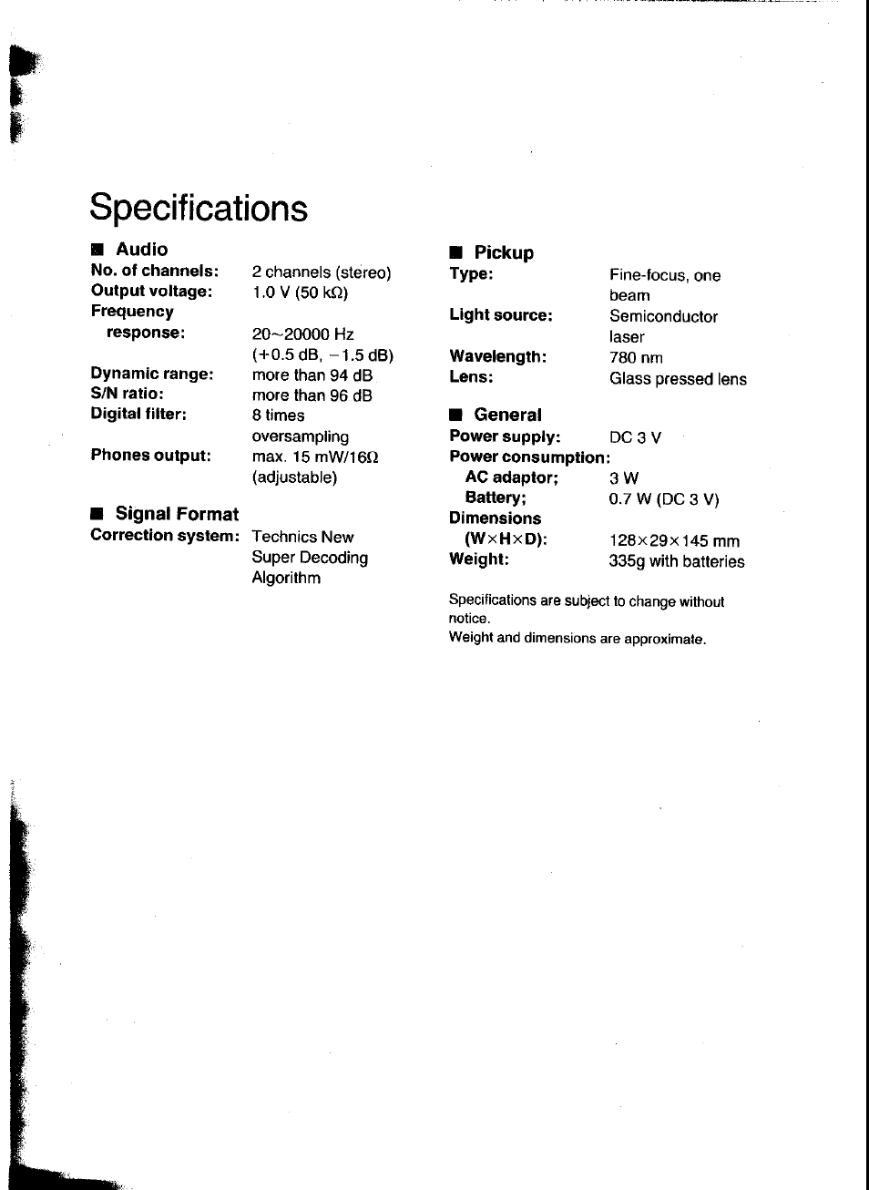 Specifications | Panasonic SL-XP300 User Manual | Page 17 / 17