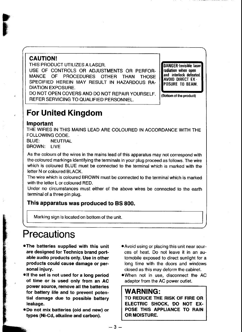 Caution, For united kingdom, Important | This apparatus was produced to bs 800, Precautions, Warning | Panasonic SL-XP300 User Manual | Page 3 / 17
