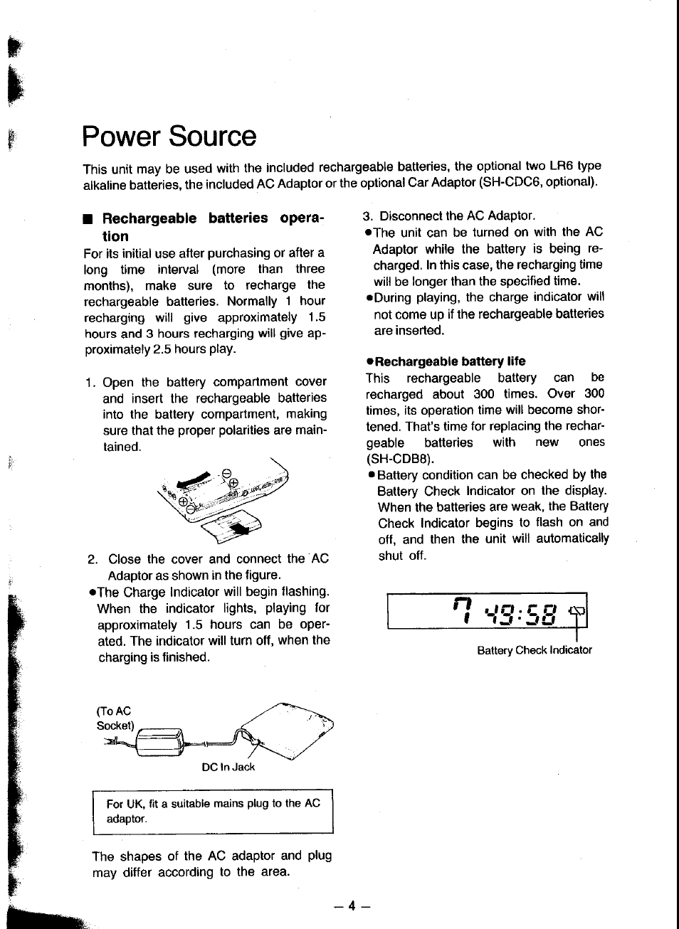 Rechargeable batteries operation, Rechargeable battery life, Power source | Panasonic SL-XP300 User Manual | Page 4 / 17