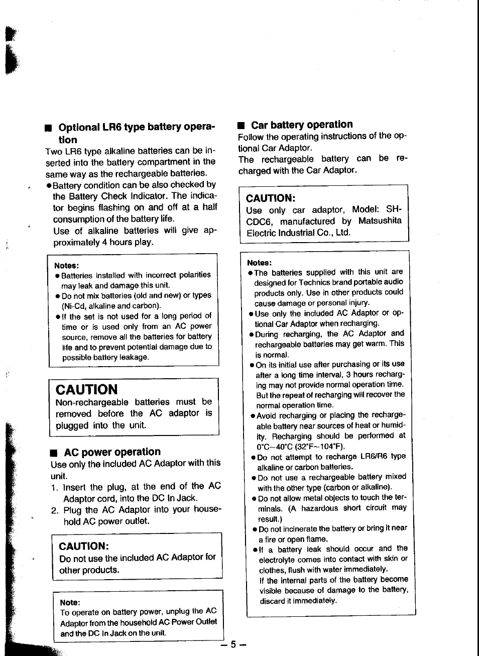 Optional lr6 type battery operation, Notes, Ac power operation | Caution, Car battery operation, Optional lr6 type battery opera­ tion | Panasonic SL-XP300 User Manual | Page 5 / 17
