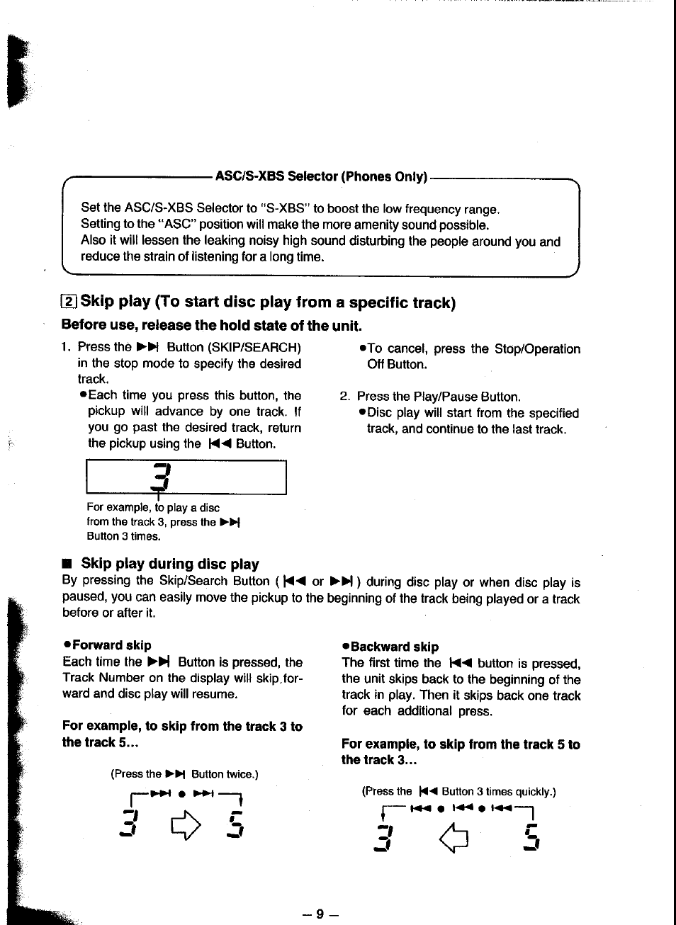 Before use, release the hold state of the unit, Skip play during disc play, I—-wm • ---j | Panasonic SL-XP300 User Manual | Page 9 / 17