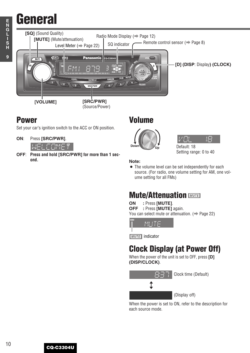 General, Power, Volume | Mute/attenuation, Clock display (at power off) | Panasonic CQ-C3304U User Manual | Page 10 / 32