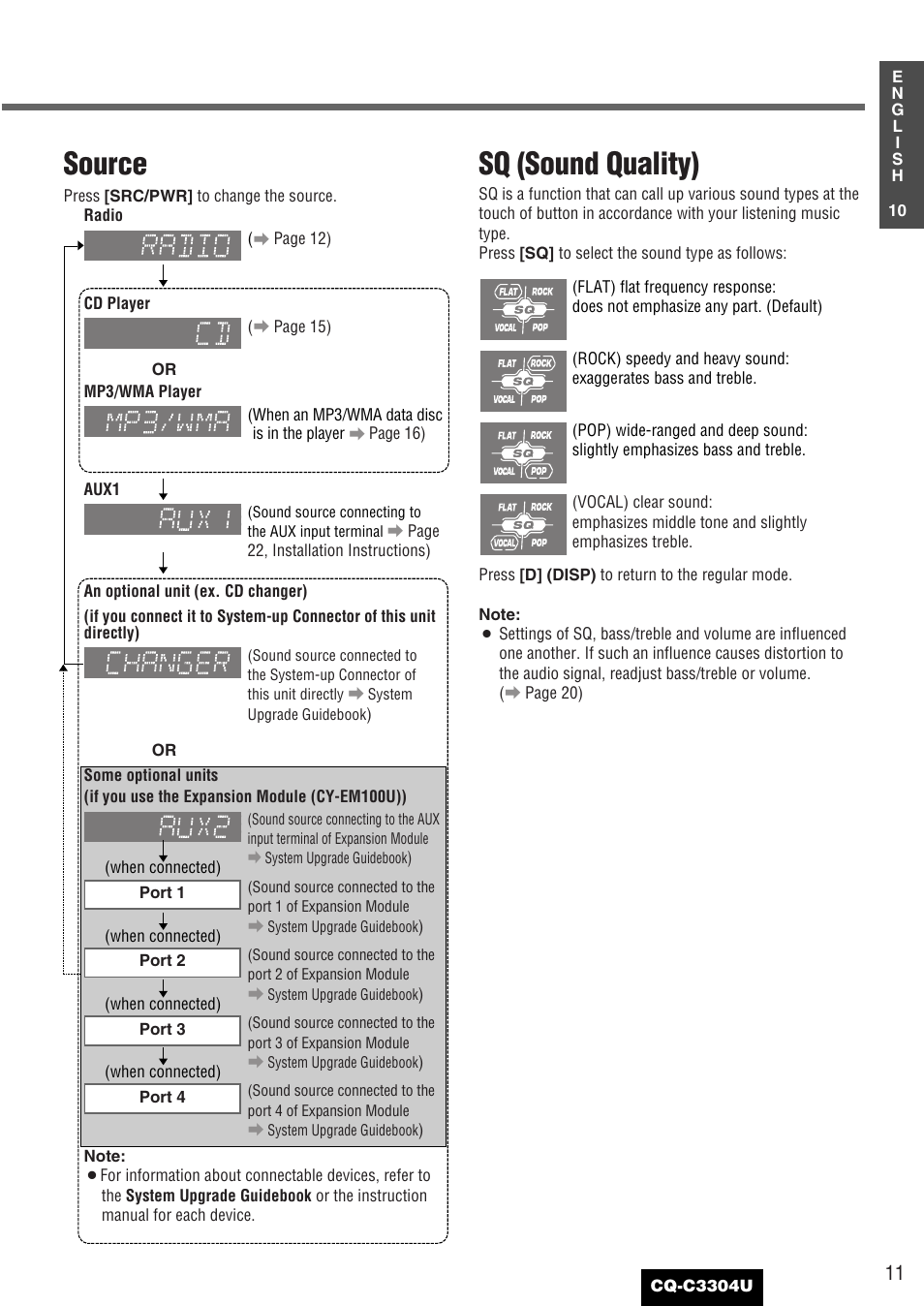 Sq (sound quality), Source | Panasonic CQ-C3304U User Manual | Page 11 / 32