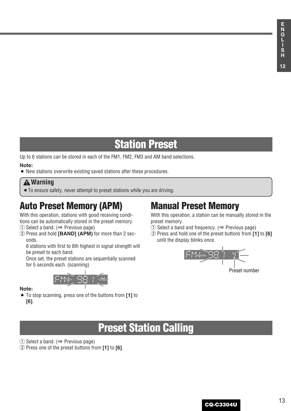 Station preset, Preset station calling | Panasonic CQ-C3304U User Manual | Page 13 / 32