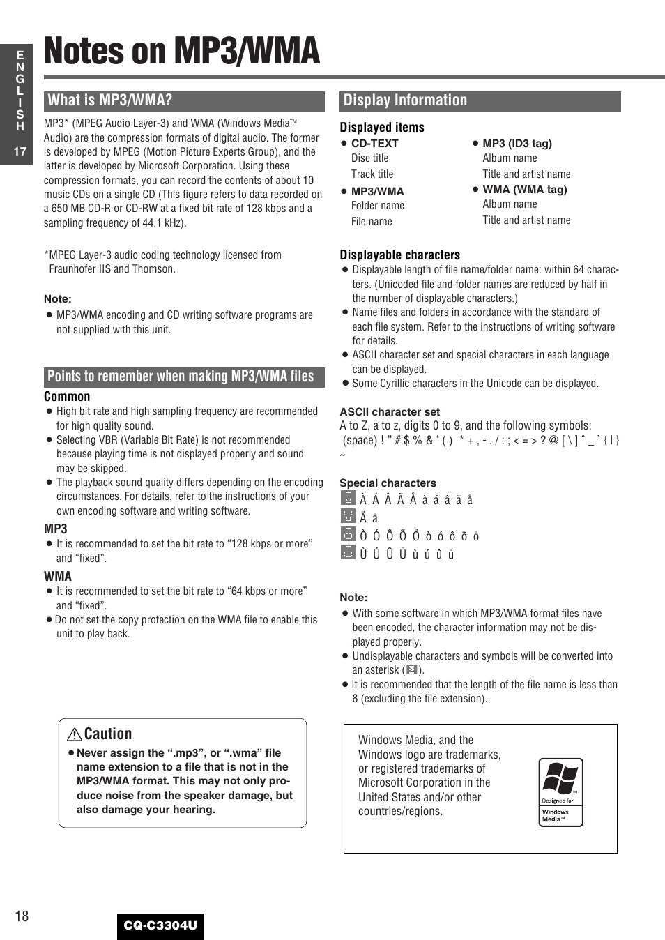 Notes on mp3/wma, What is mp3/wma, Points to remember when making mp3/wma files | Display information, Caution | Panasonic CQ-C3304U User Manual | Page 18 / 32