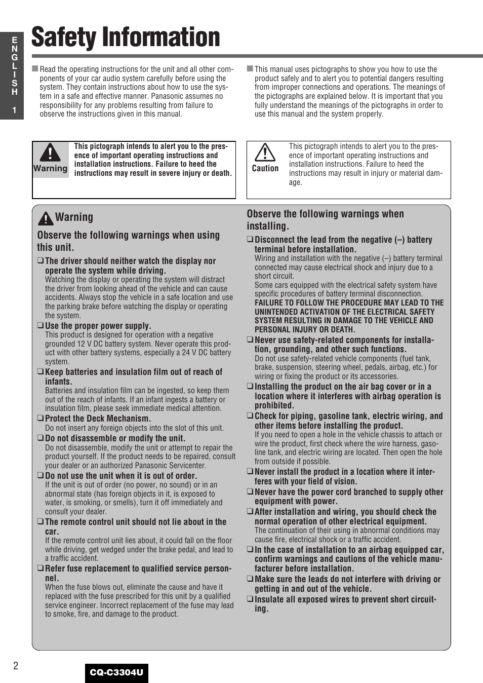 Common, Safety information, Warning | Panasonic CQ-C3304U User Manual | Page 2 / 32