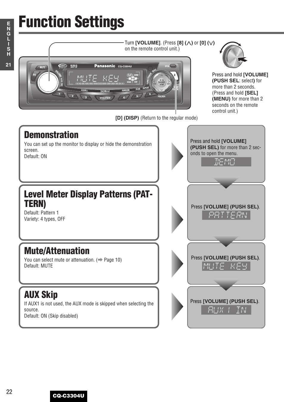 Function settings, Mute/attenuation, Demonstration | Level meter display patterns (pat- tern), Aux skip | Panasonic CQ-C3304U User Manual | Page 22 / 32