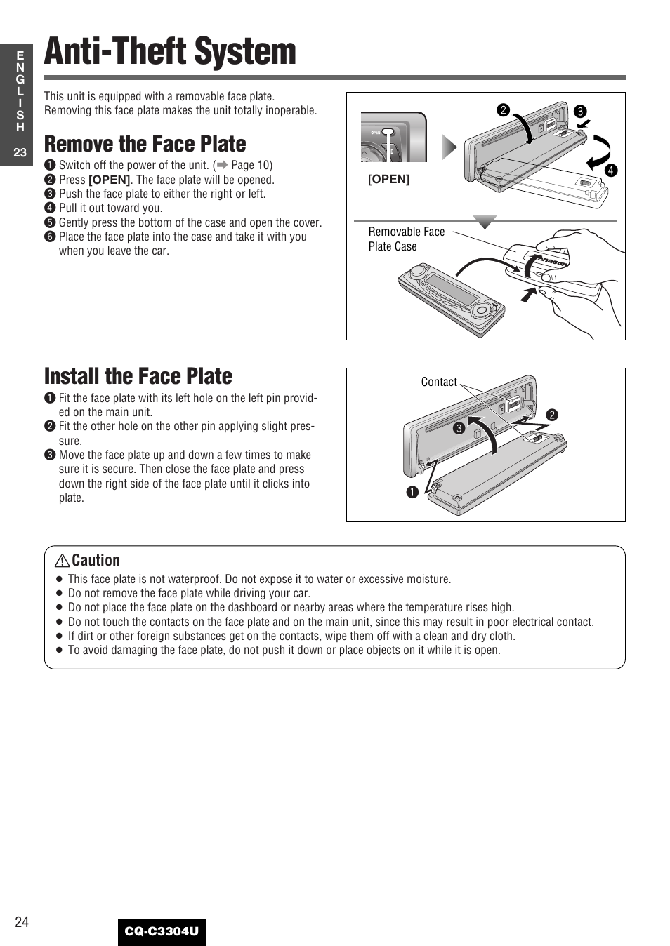 Anti-theft system, Remove the face plate, Install the face plate | Caution | Panasonic CQ-C3304U User Manual | Page 24 / 32