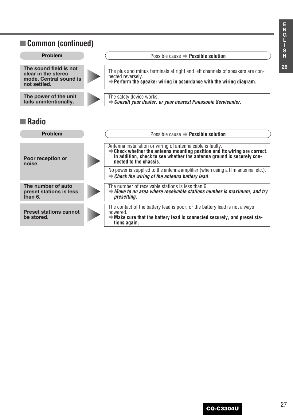 Common (continued), Radio | Panasonic CQ-C3304U User Manual | Page 27 / 32
