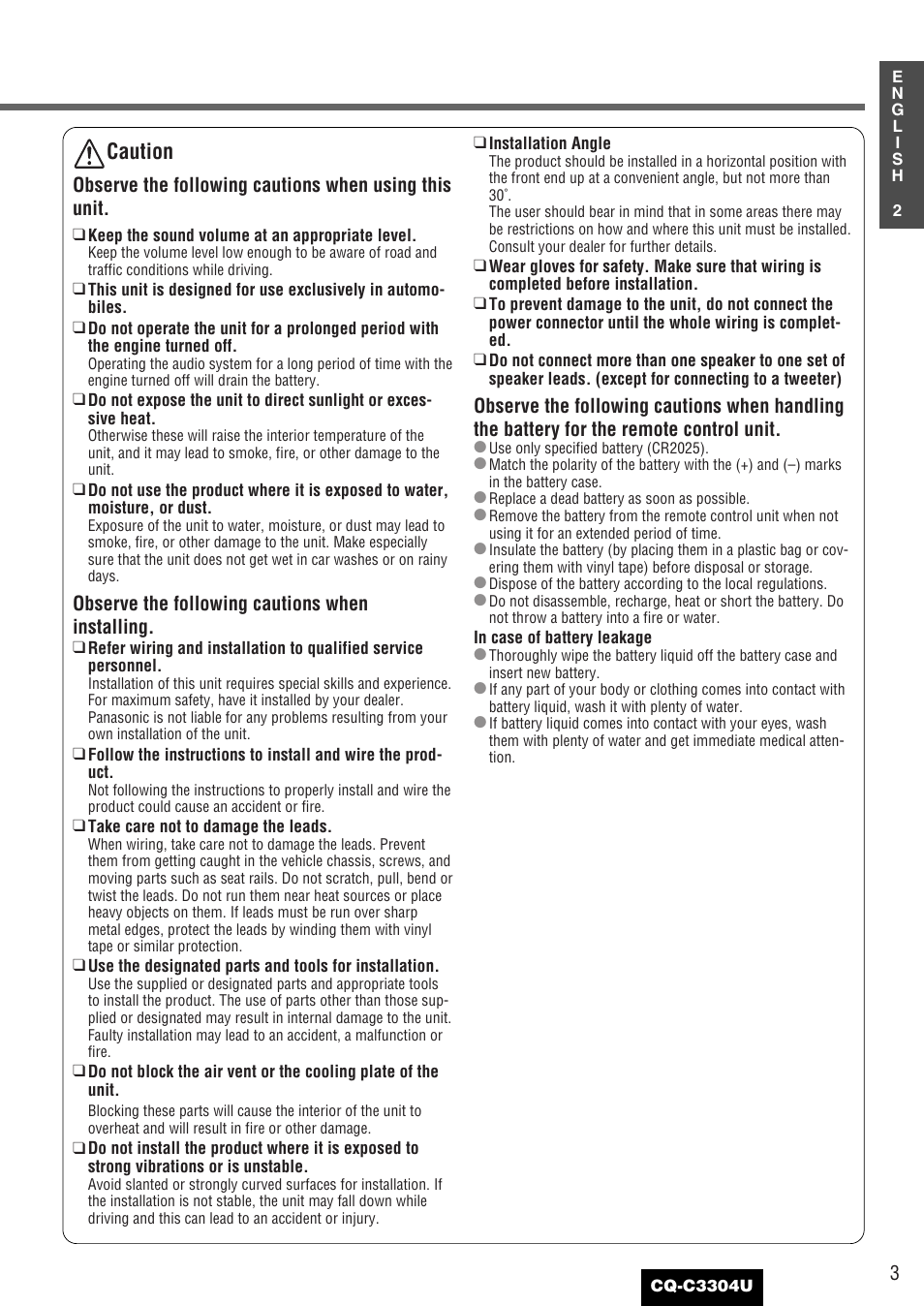 Caution | Panasonic CQ-C3304U User Manual | Page 3 / 32