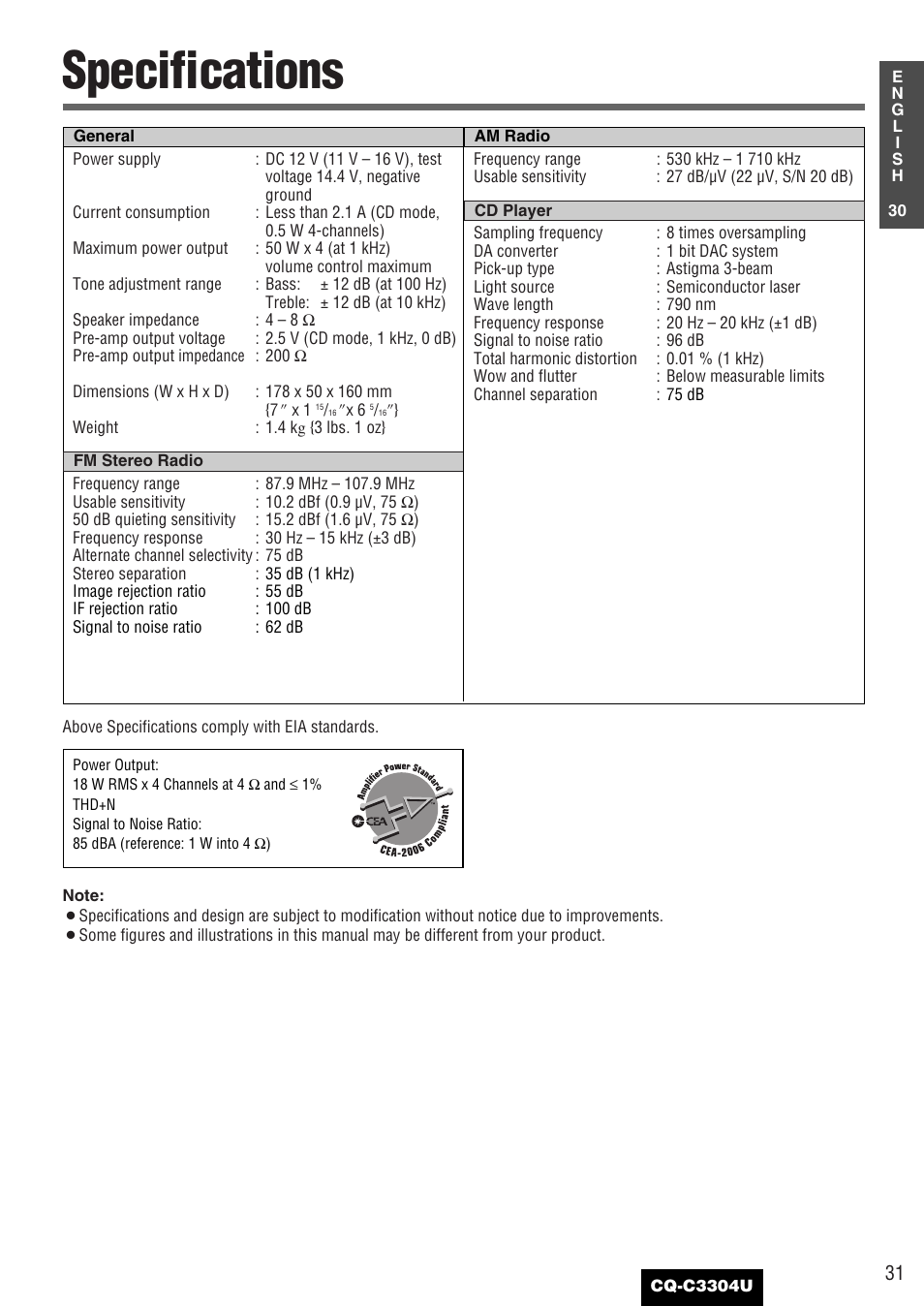 Specifications | Panasonic CQ-C3304U User Manual | Page 31 / 32