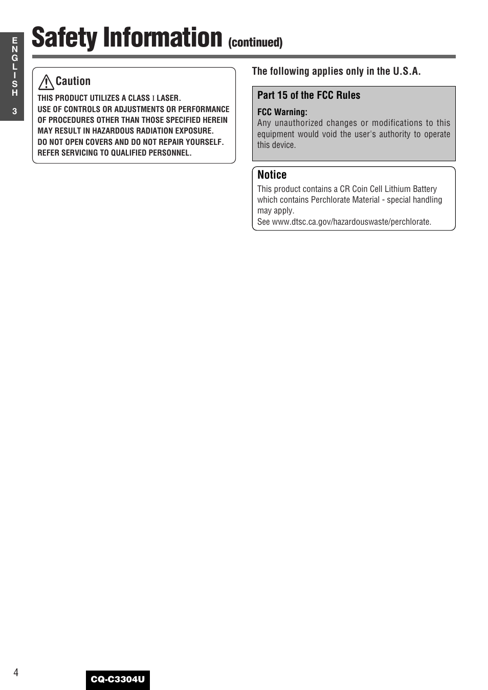 Safety information, Continued) | Panasonic CQ-C3304U User Manual | Page 4 / 32