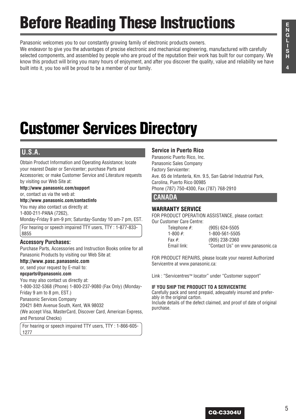 Before reading these instructions, Customer services directory, U.s.a | Canada | Panasonic CQ-C3304U User Manual | Page 5 / 32