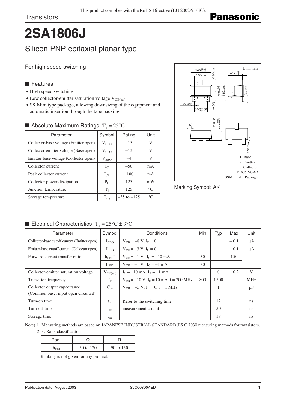 Panasonic 2SA1806J User Manual | 3 pages