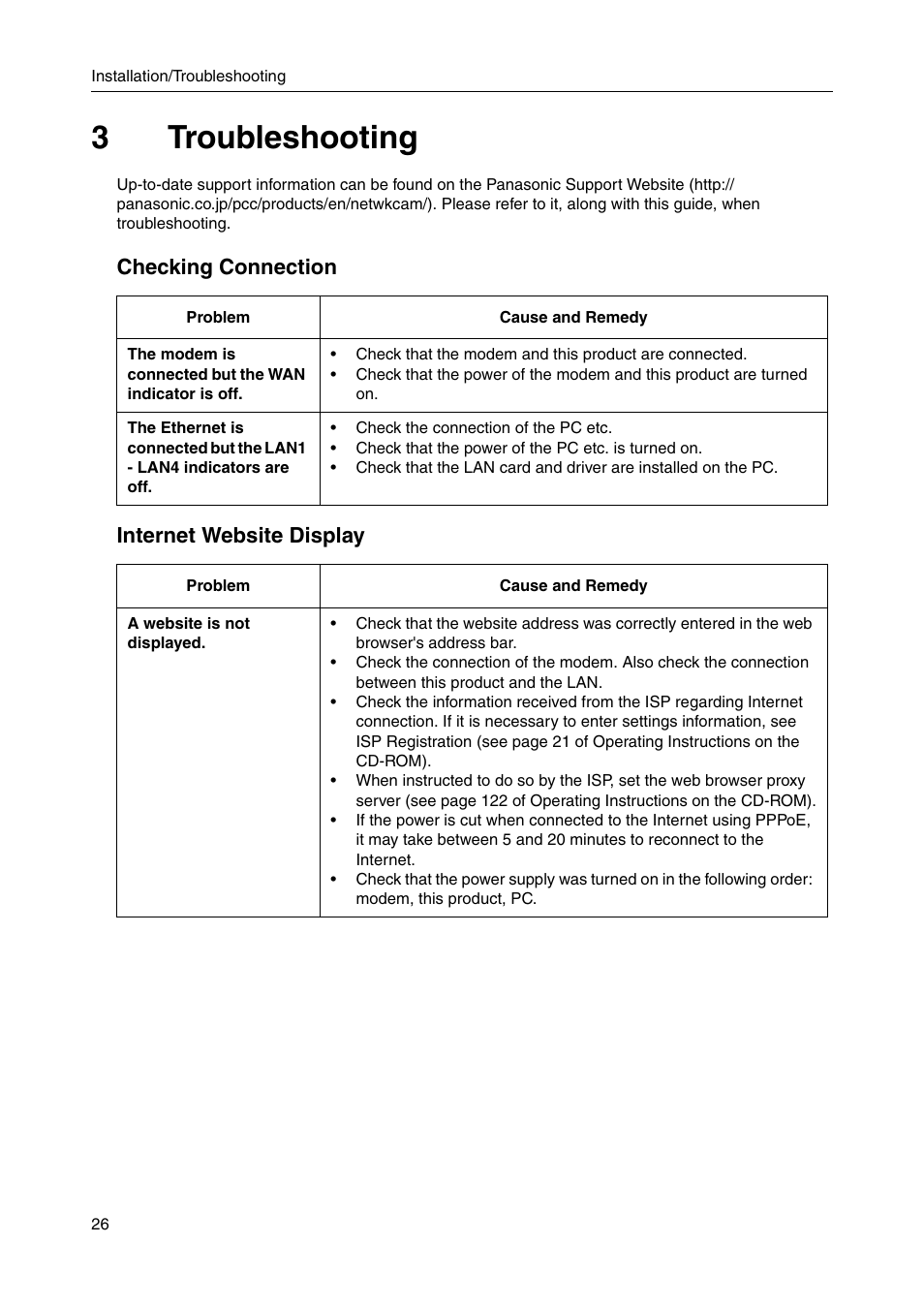 3 troubleshooting, 3troubleshooting, Checking connection internet website display | Panasonic CAMERA MANAGEMENT SYSTEM BB-HGW700A User Manual | Page 26 / 32