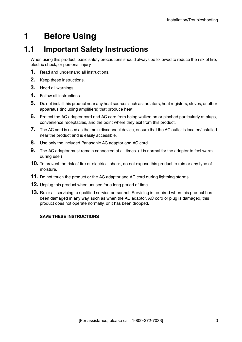 1 before using, 1 important safety instructions, 1before using | Panasonic CAMERA MANAGEMENT SYSTEM BB-HGW700A User Manual | Page 3 / 32