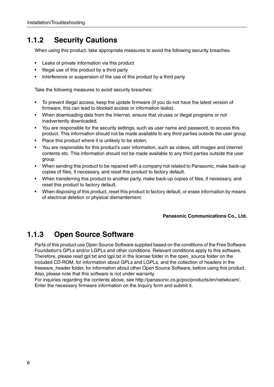 2 security cautions, 3 open source software, 2 security cautions 1.1.3 open source software | Panasonic CAMERA MANAGEMENT SYSTEM BB-HGW700A User Manual | Page 6 / 32