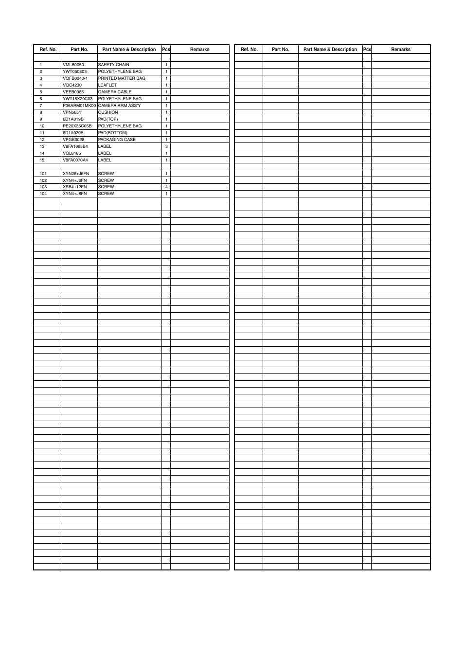 List, Packaging parts assembly, Prt-4 | Panasonic AW-PH360N User Manual | Page 5 / 5