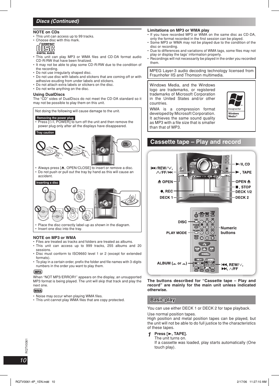 Cassette tape-play and record, Cassette tape – play and record, Lang - 5 lang - 4 français dansk english | Basic play, Discs (continued) | Panasonic SC-AK240 User Manual | Page 10 / 28