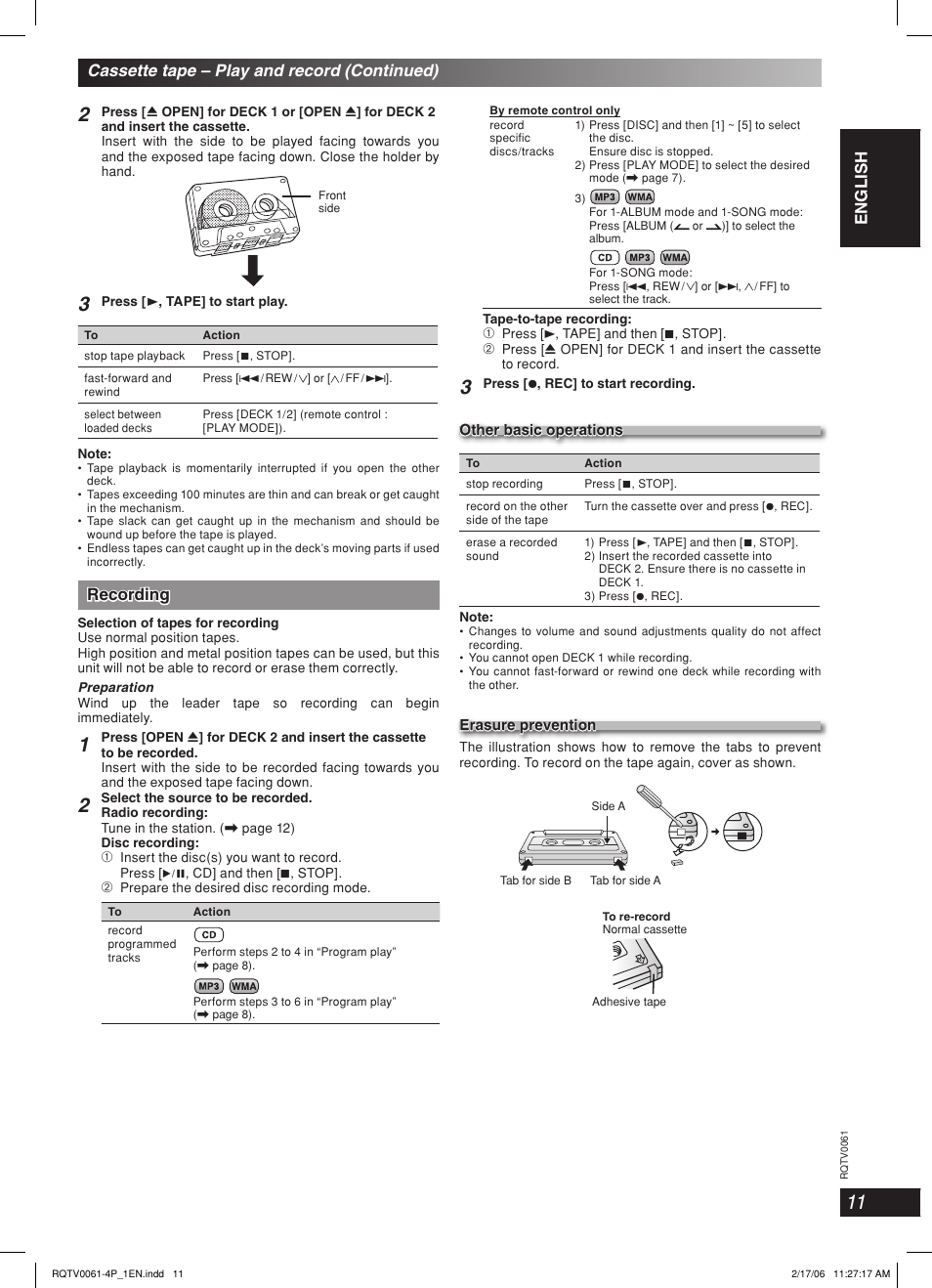 Lang - 5 lang - 4 français dansk english, Recording, Cassette tape – play and record (continued) | Panasonic SC-AK240 User Manual | Page 11 / 28