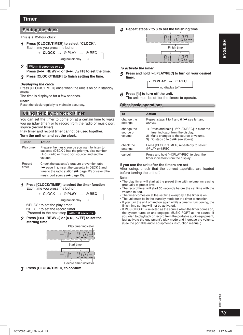 Timer, Lang - 5 lang - 4 français dansk english, Setting the clock | Using the play or record timer | Panasonic SC-AK240 User Manual | Page 13 / 28