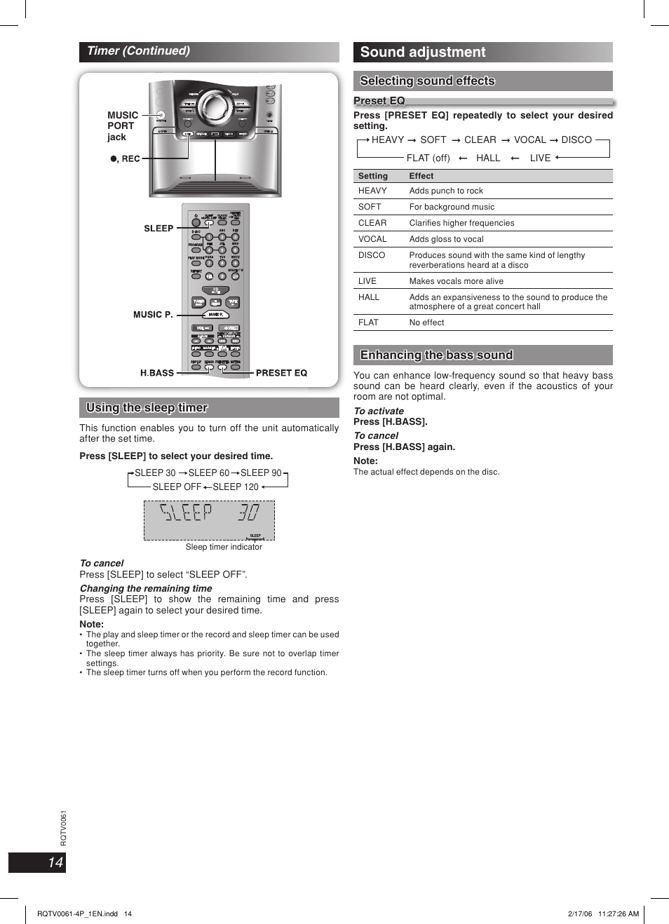 Sound adjustment, Lang - 5 lang - 4 français dansk english, Using the sleep timer | Selecting sound effects, Enhancing the bass sound, Timer (continued) | Panasonic SC-AK240 User Manual | Page 14 / 28