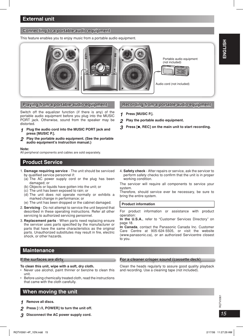 External unit, Product service, Maintenance | When moving the unit, When moving the unit 1 | Panasonic SC-AK240 User Manual | Page 15 / 28