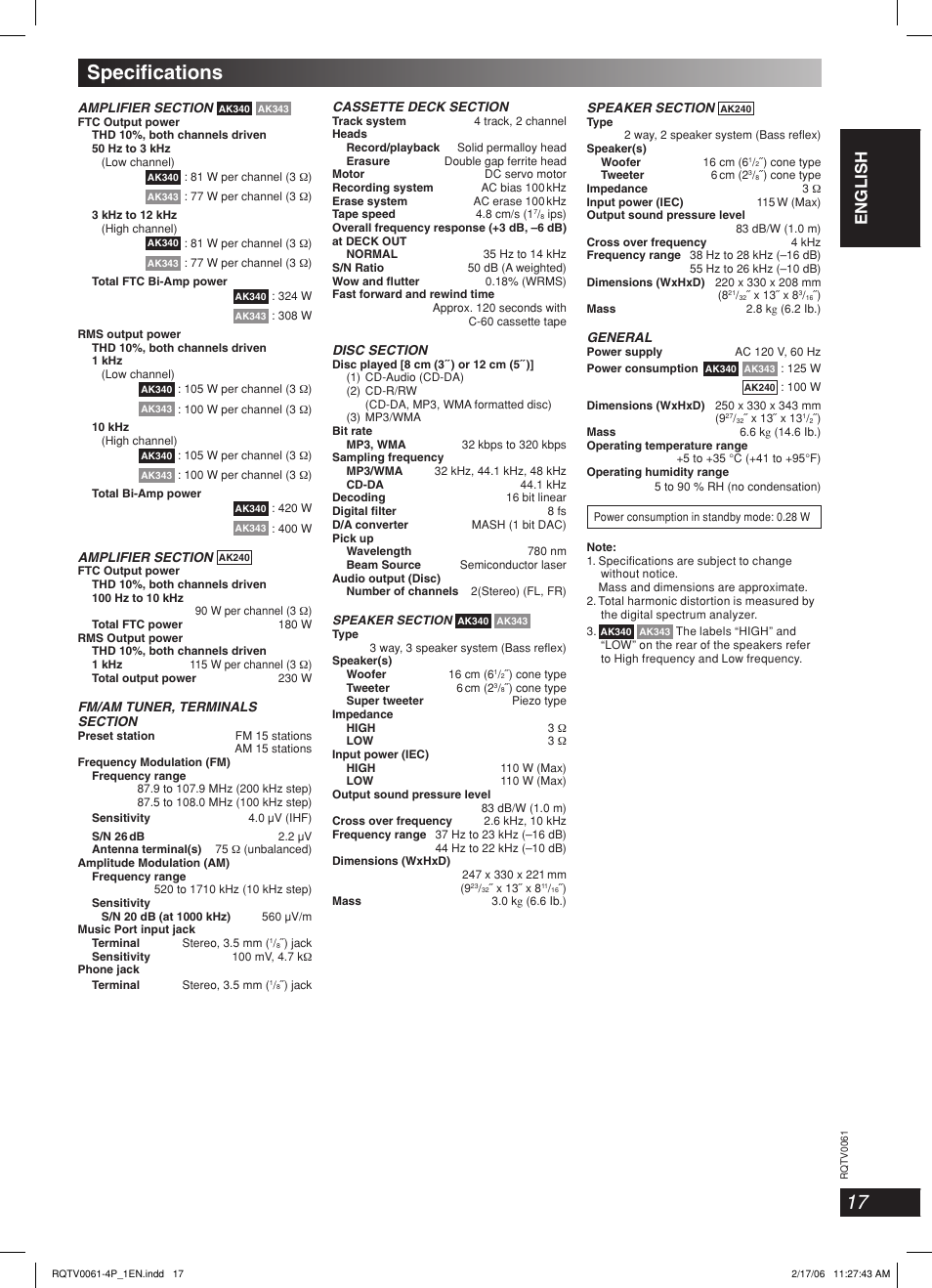 Specifications, Specifi cations, Lang - 5 lang - 4 français dansk english | Panasonic SC-AK240 User Manual | Page 17 / 28