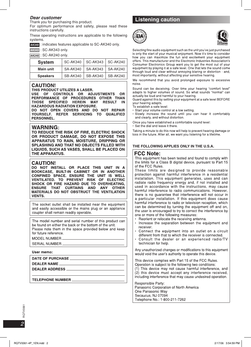 Listening caution, System | Panasonic SC-AK240 User Manual | Page 2 / 28
