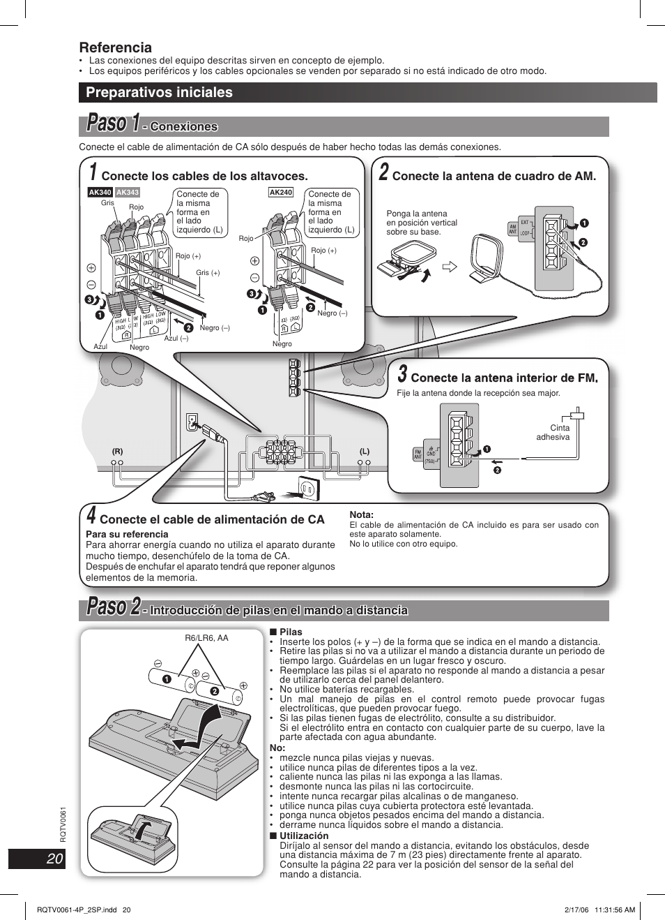 Espanol, Preparativos iniciales, Paso paso 11 | Ppaso aso 2 2, Referencia | Panasonic SC-AK240 User Manual | Page 20 / 28