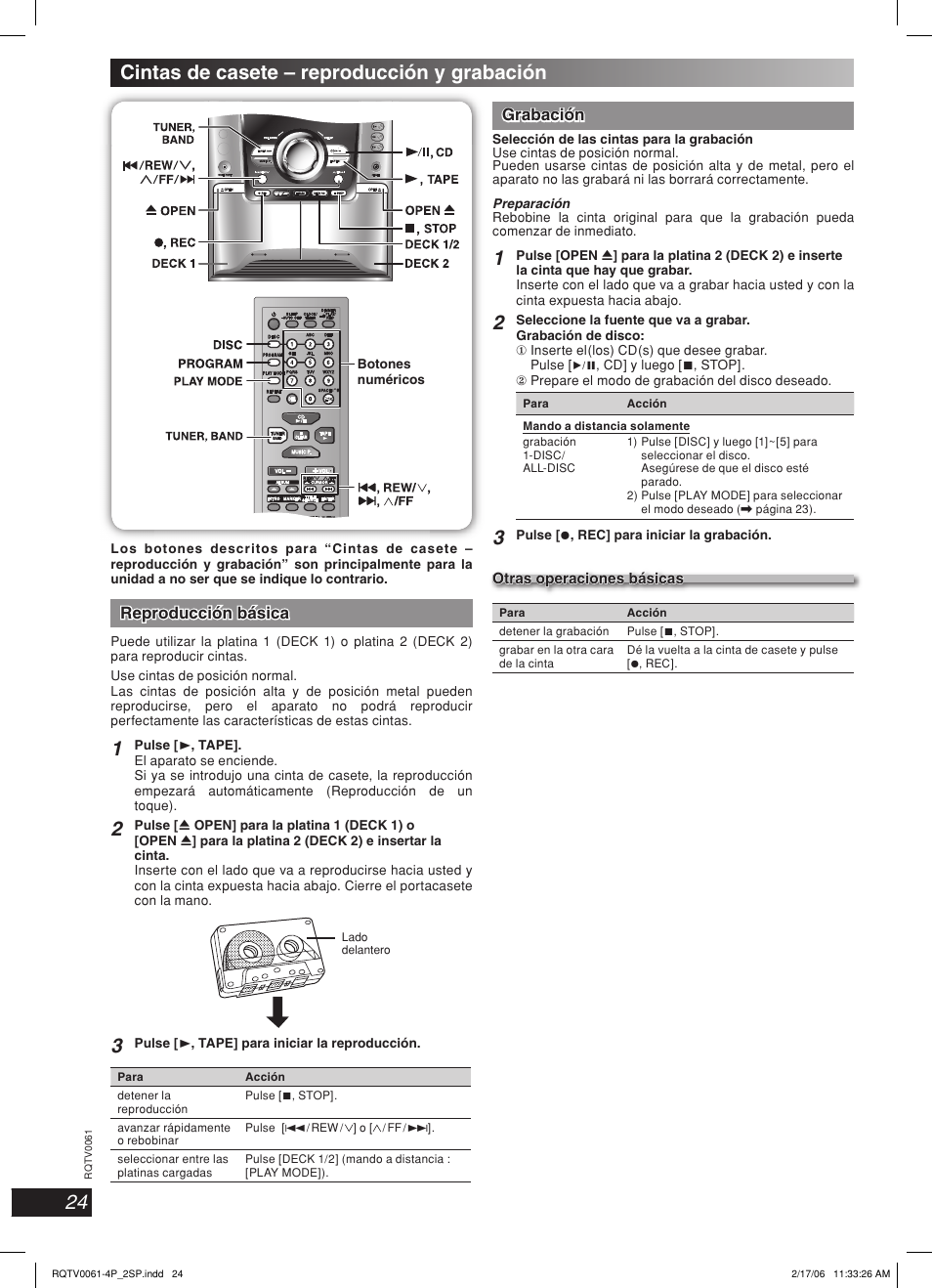 Cintas de casete-reproduccion y grabacion, Cintas de casete – reproducción y grabación | Panasonic SC-AK240 User Manual | Page 24 / 28