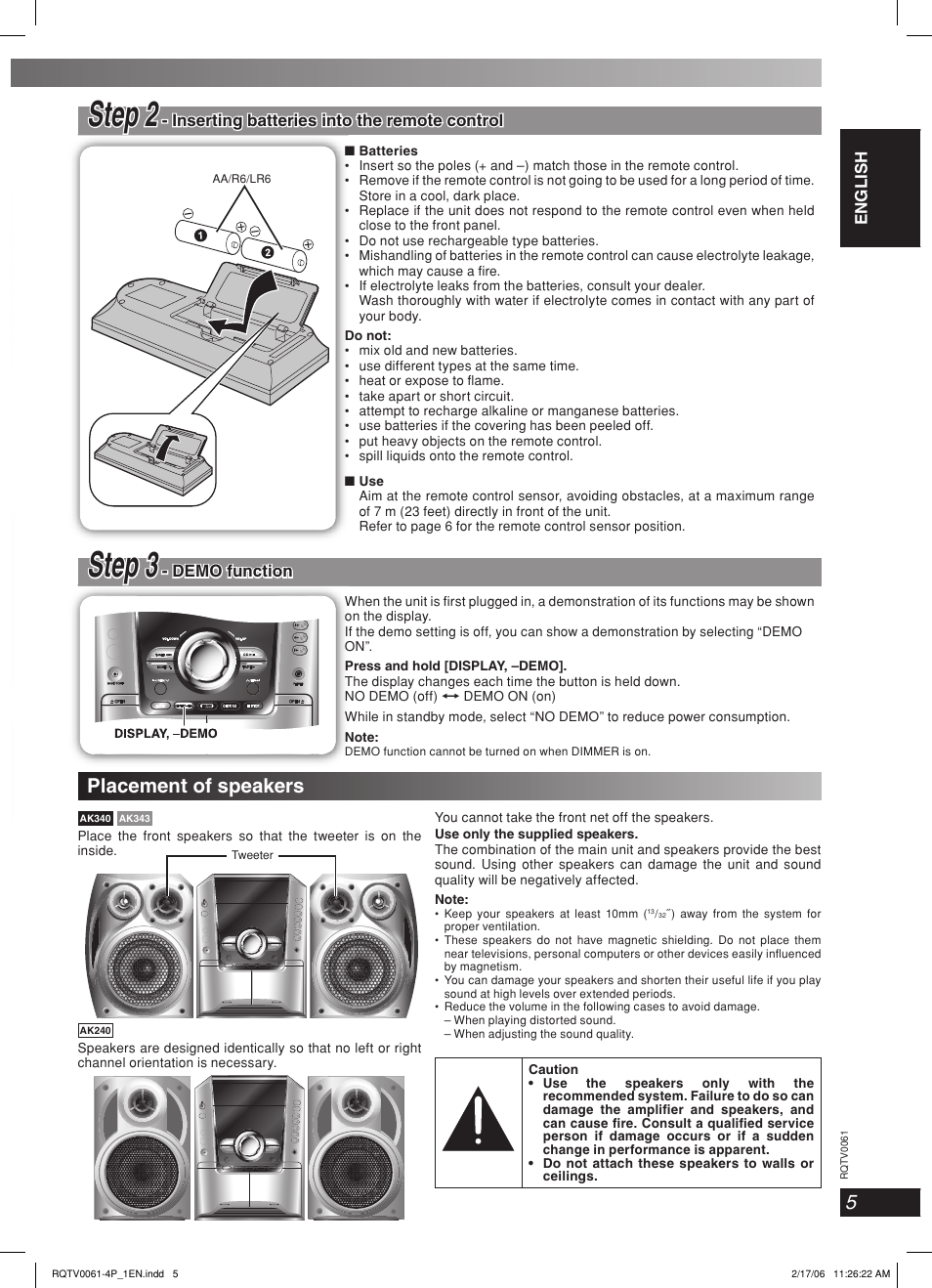 Placement of speakers, Step 2, Step 3 | Lang - 5 lang - 4 français dansk english, Inserting batteries into the remote control, Demo function | Panasonic SC-AK240 User Manual | Page 5 / 28