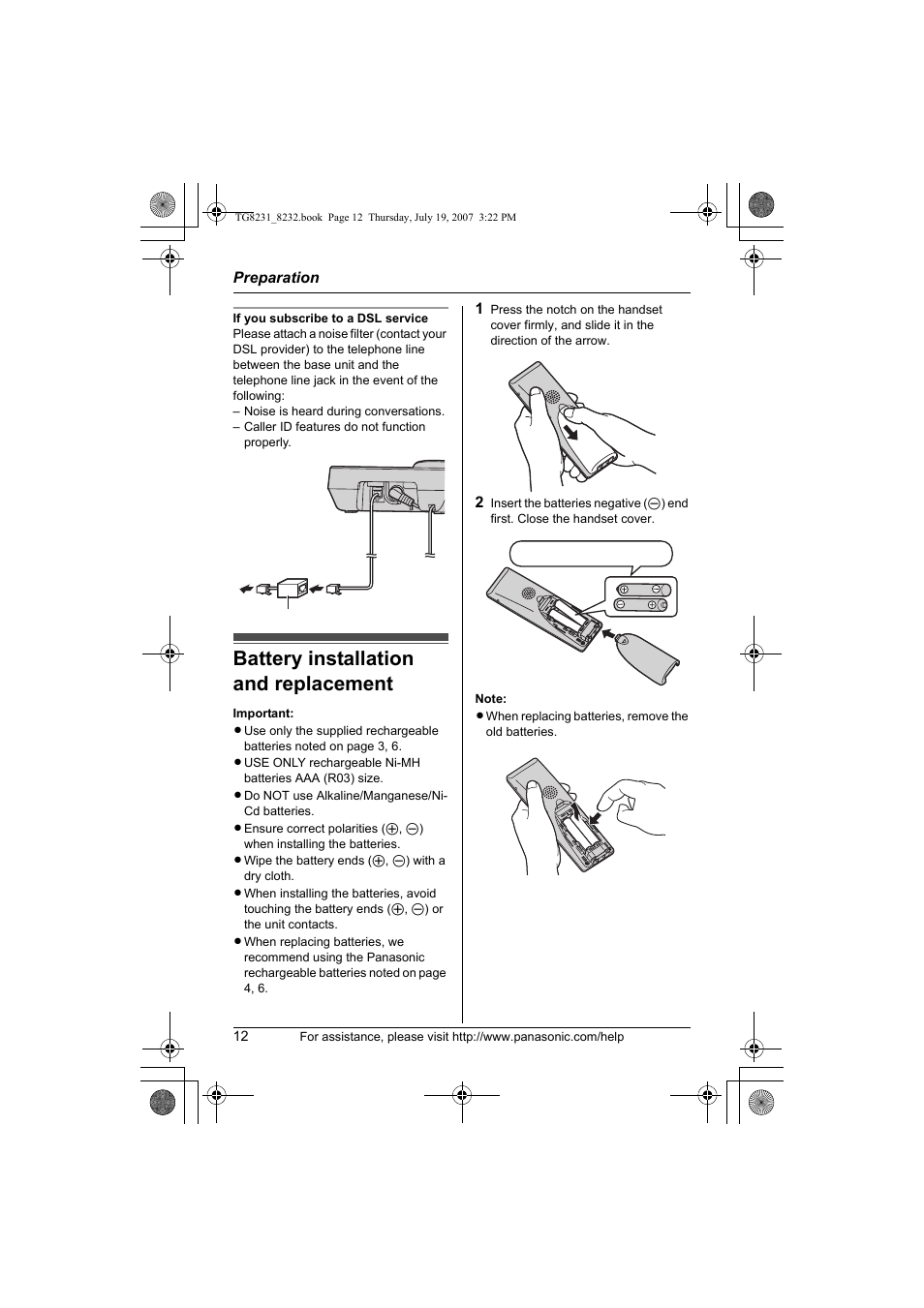 Battery installation and replacement, Battery installation and replacement 12 | Panasonic KX-TG8231 User Manual | Page 12 / 56