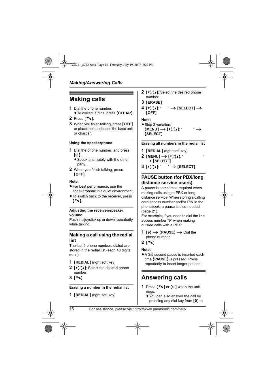 Making/answering calls, Making calls, Answering calls | Making calls answering calls | Panasonic KX-TG8231 User Manual | Page 16 / 56