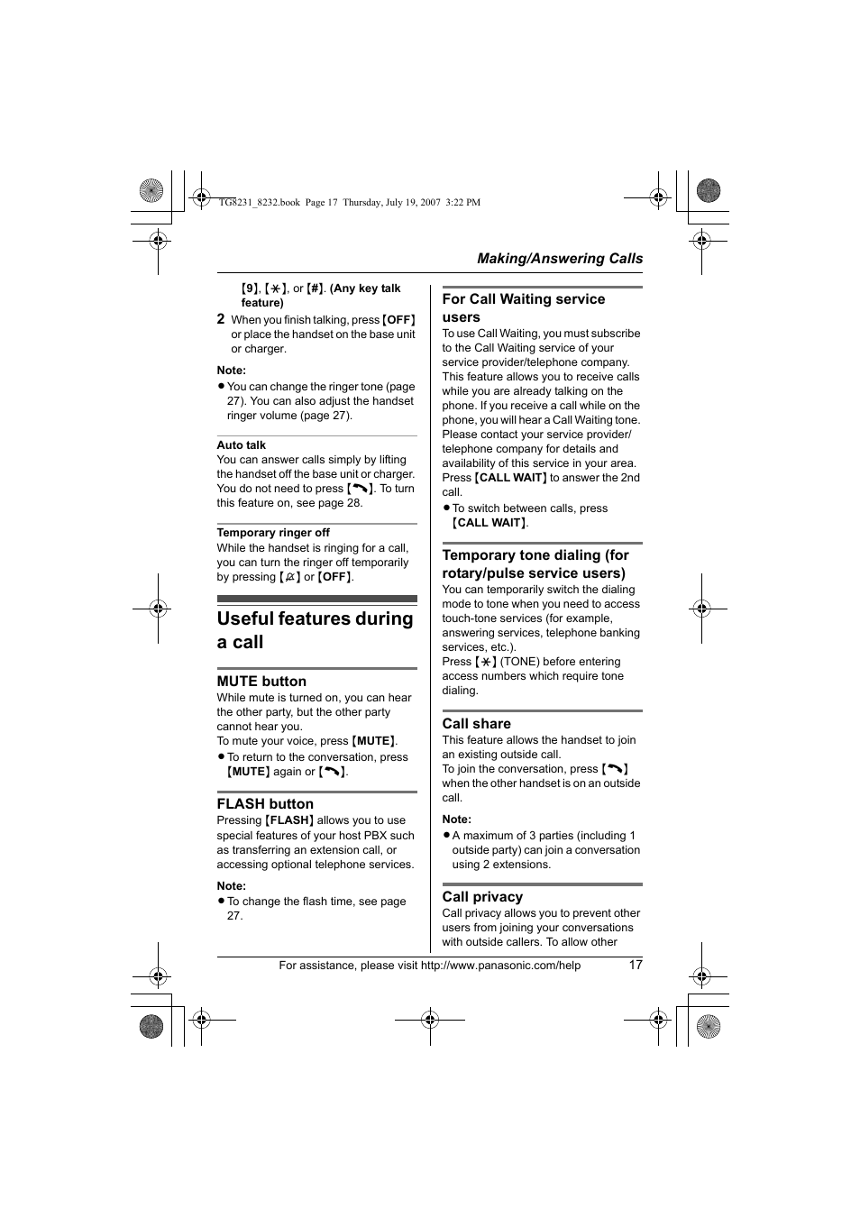 Useful features during a call | Panasonic KX-TG8231 User Manual | Page 17 / 56