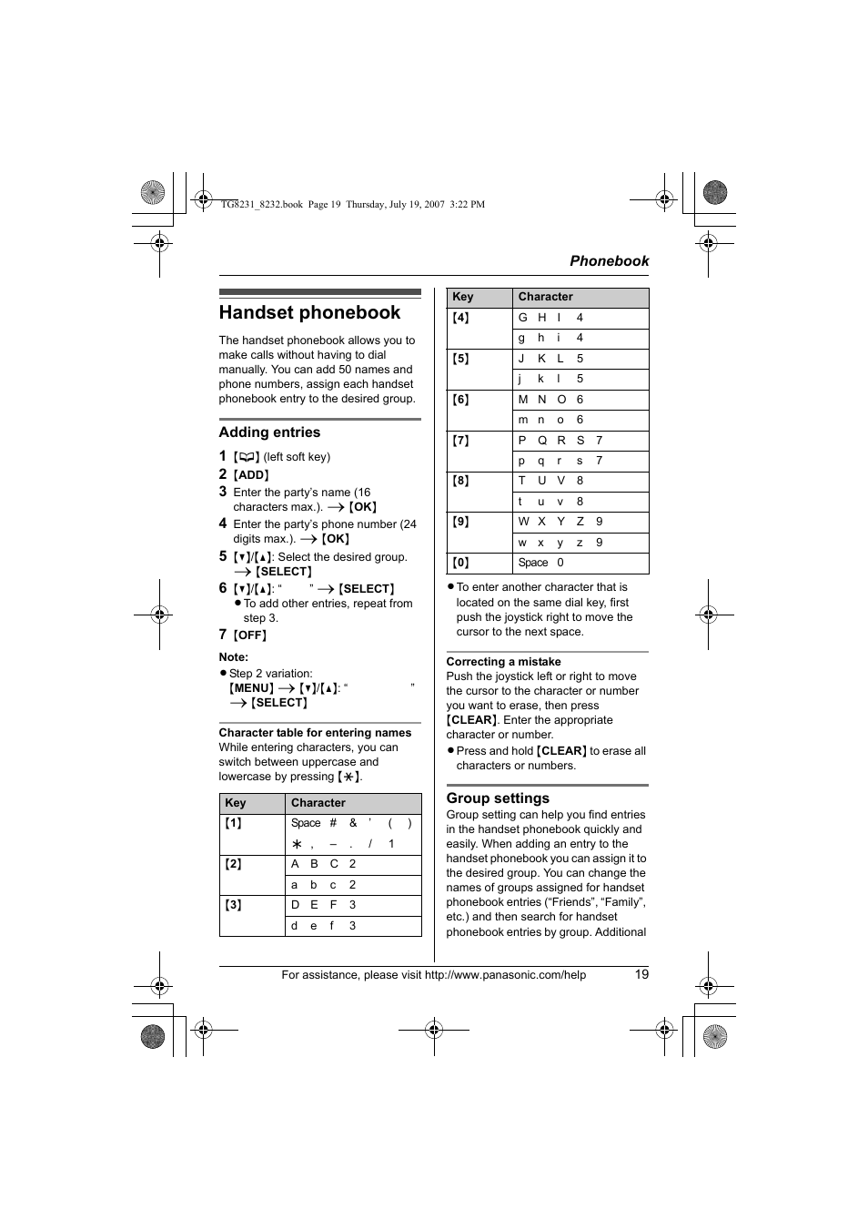 Phonebook, Handset phonebook | Panasonic KX-TG8231 User Manual | Page 19 / 56