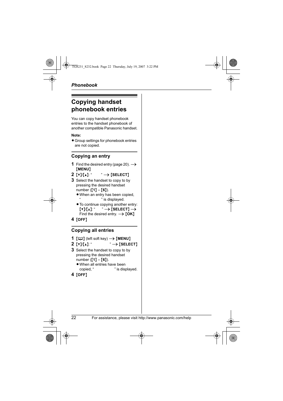 Copying handset phonebook entries, Copying handset phonebook entries 22 | Panasonic KX-TG8231 User Manual | Page 22 / 56