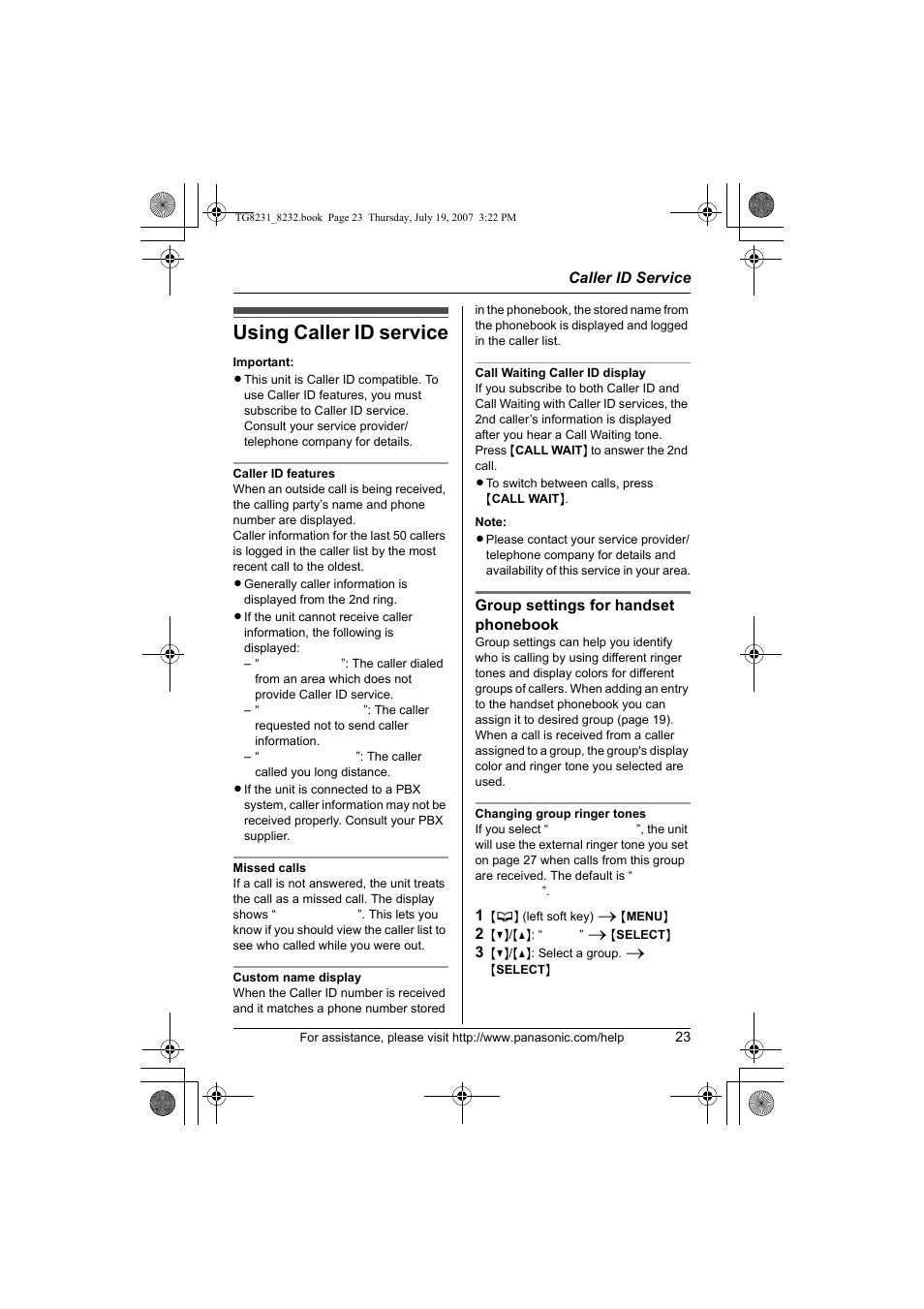 Caller id service, Using caller id service | Panasonic KX-TG8231 User Manual | Page 23 / 56