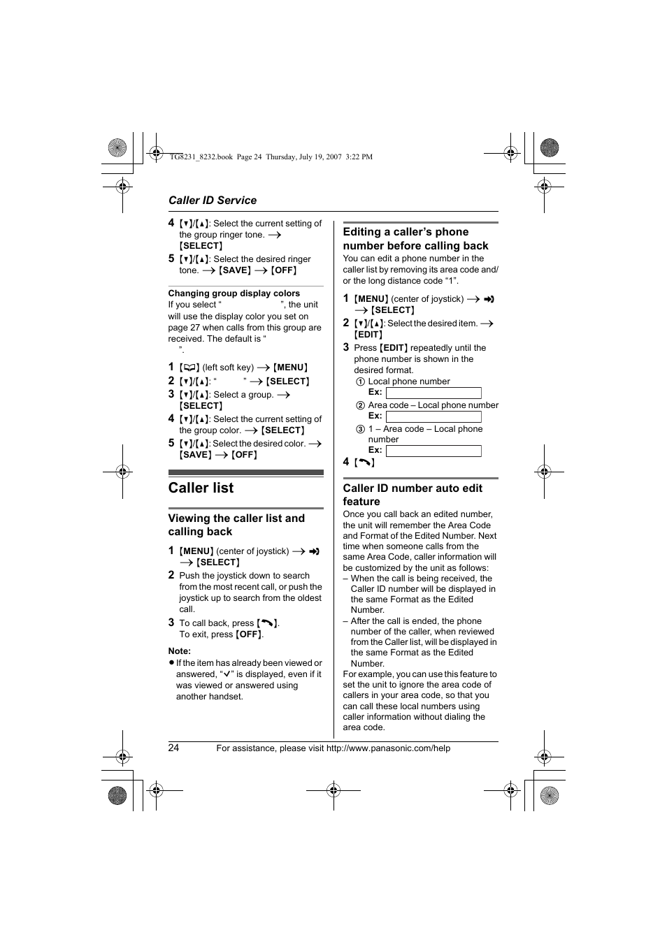 Caller list | Panasonic KX-TG8231 User Manual | Page 24 / 56