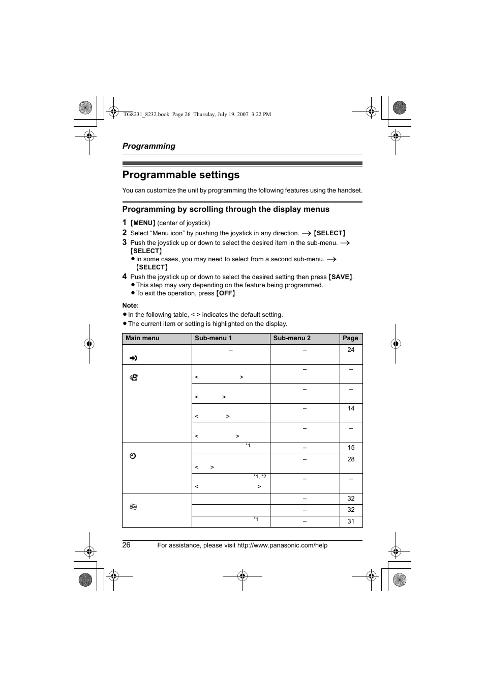 Programming, Programmable settings | Panasonic KX-TG8231 User Manual | Page 26 / 56