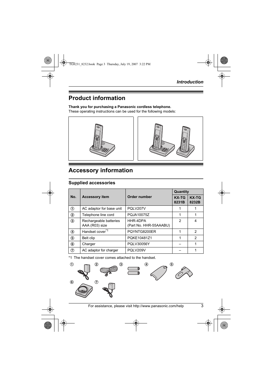 Introduction, Product information, Accessory information | Product information accessory information | Panasonic KX-TG8231 User Manual | Page 3 / 56