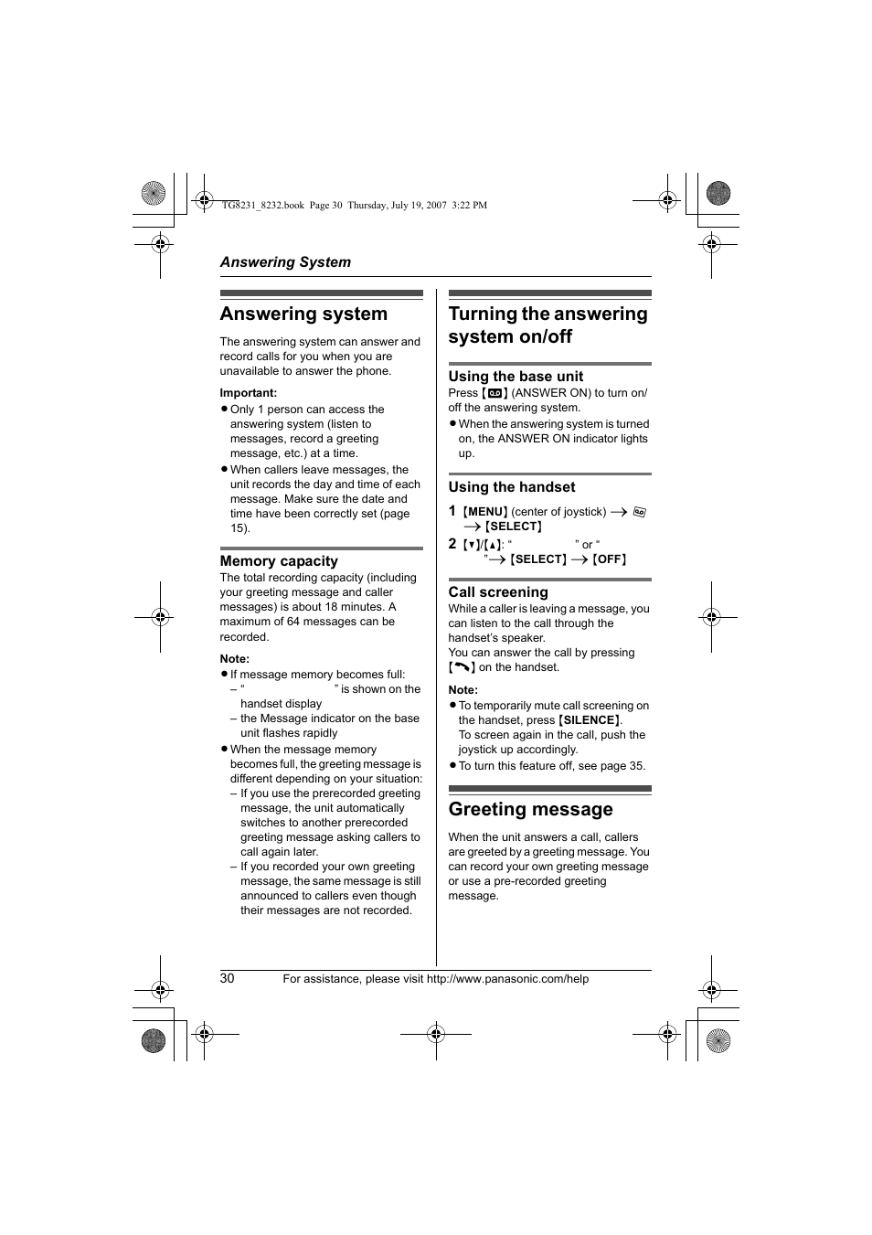 Answering system, Turning the answering system on/off, Greeting message | Panasonic KX-TG8231 User Manual | Page 30 / 56