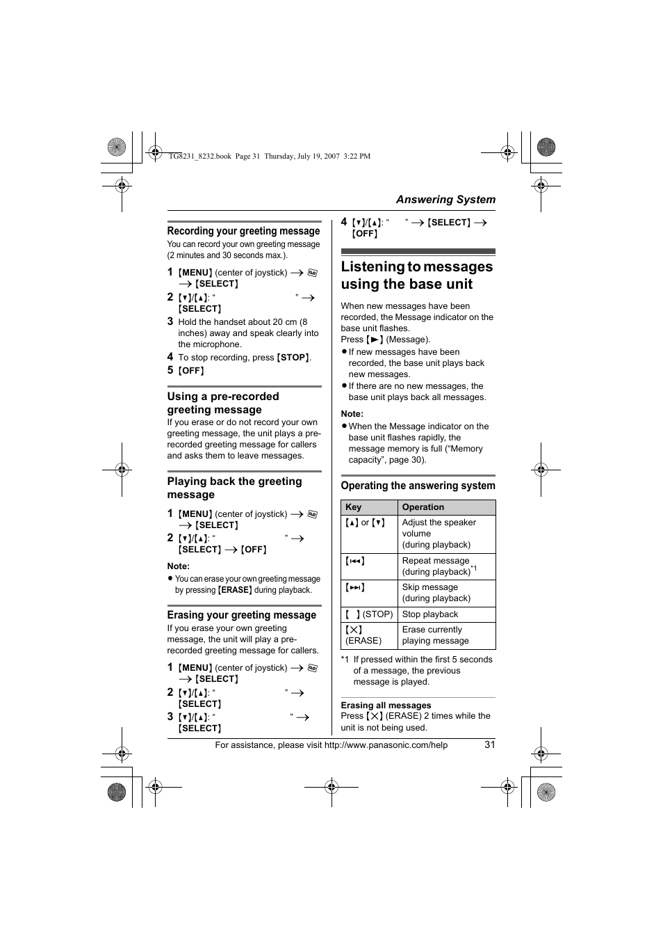 Listening to messages using the base unit | Panasonic KX-TG8231 User Manual | Page 31 / 56