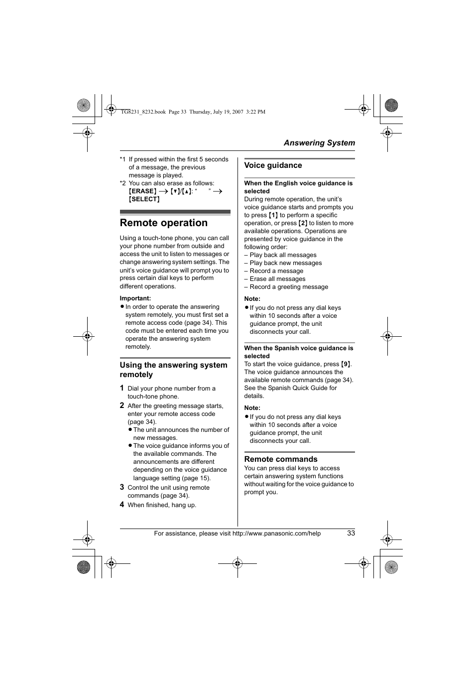 Remote operation | Panasonic KX-TG8231 User Manual | Page 33 / 56