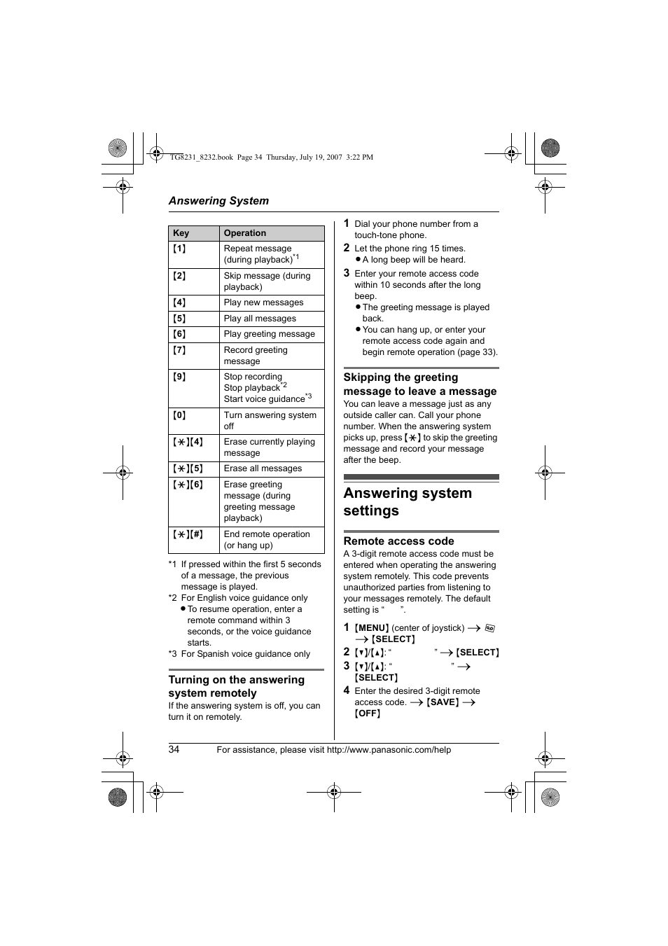 Answering system settings | Panasonic KX-TG8231 User Manual | Page 34 / 56