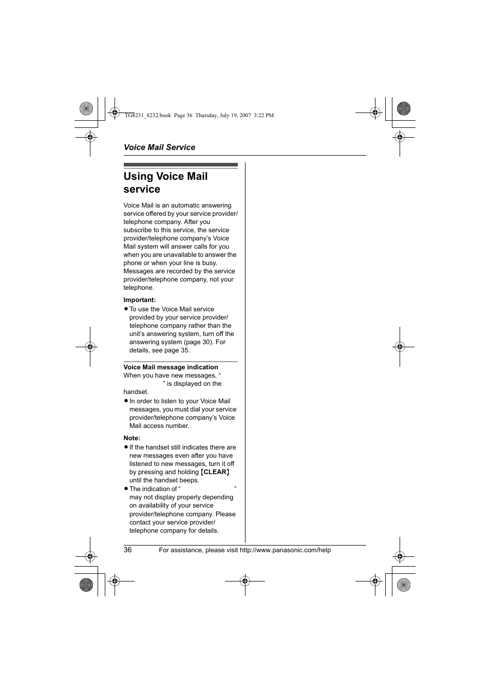 Voice mail service, Using voice mail service | Panasonic KX-TG8231 User Manual | Page 36 / 56