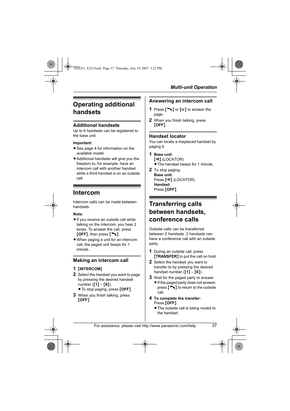 Multi-unit operation, Operating additional handsets, Intercom | Panasonic KX-TG8231 User Manual | Page 37 / 56