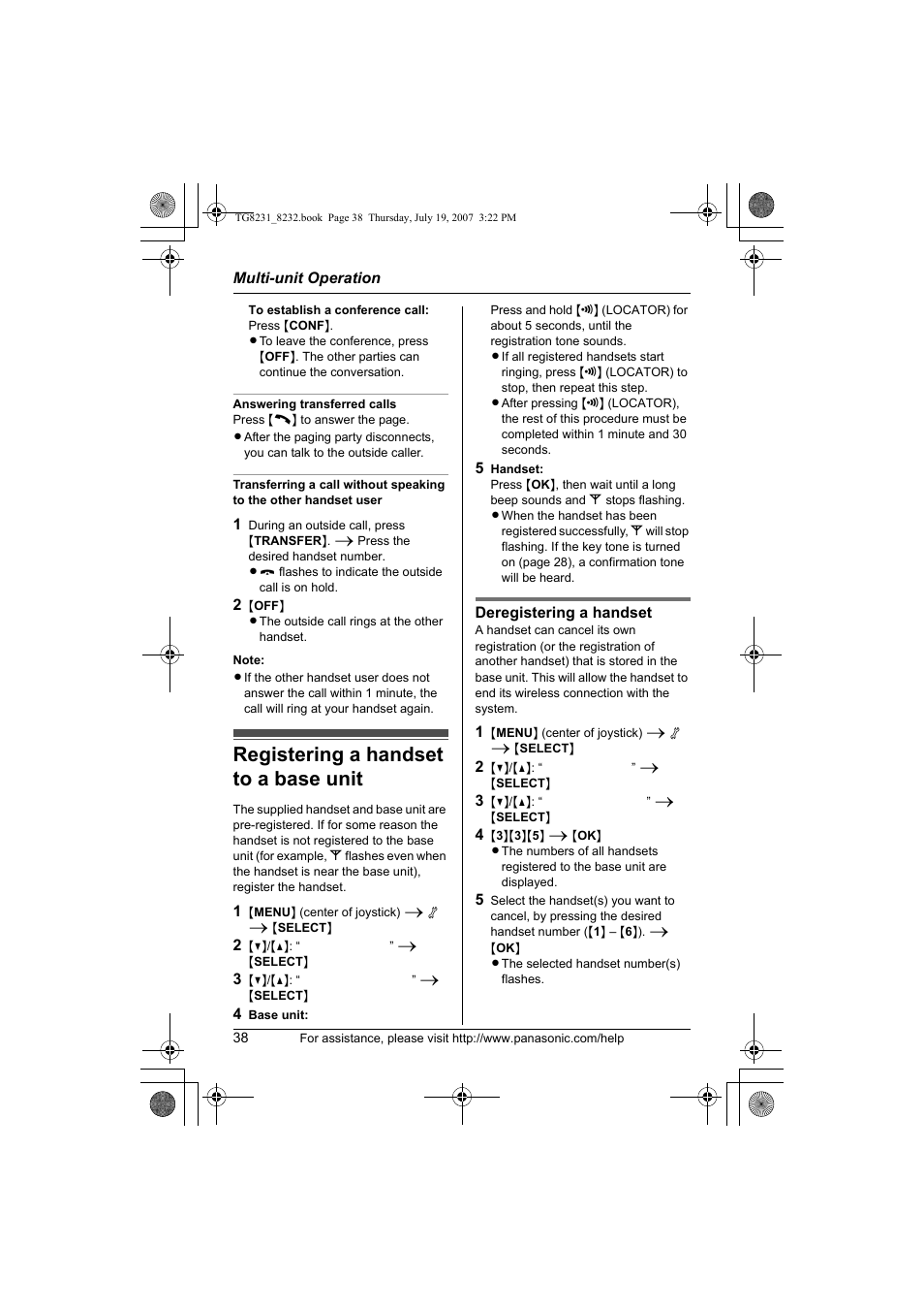 Registering a handset to a base unit, Registering a handset to a base unit 38 | Panasonic KX-TG8231 User Manual | Page 38 / 56